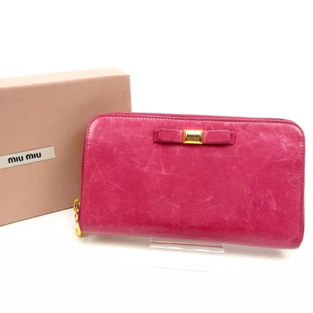 Miumiu Wallet Purse Long Wallet Logo Pink Woman Unisex Authentic Used